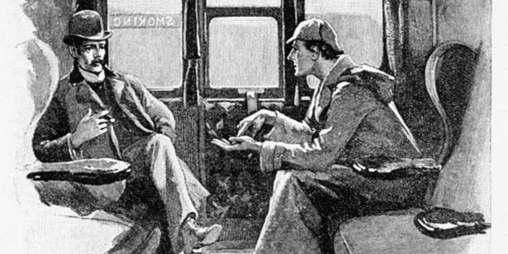 Book Illustration Depicting Sherlock Holmes and Dr. Watson in a Train Cabin